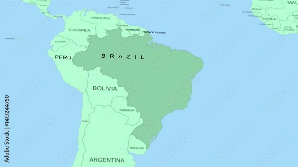 Brazil on world map animated, slow movement, 4K. Brazil on world map animated, slow movement, 4K.