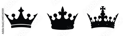 Set of royal black crown silhouette icons for luxury branding, king logo design, noble emblems, vintage vector illustrations, and premium heraldic graphics