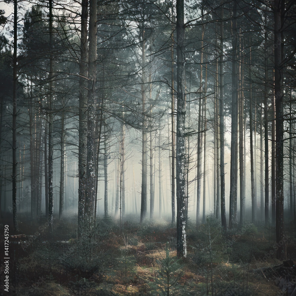 Fototapeta premium Misty forest path in a tranquil pinewood.