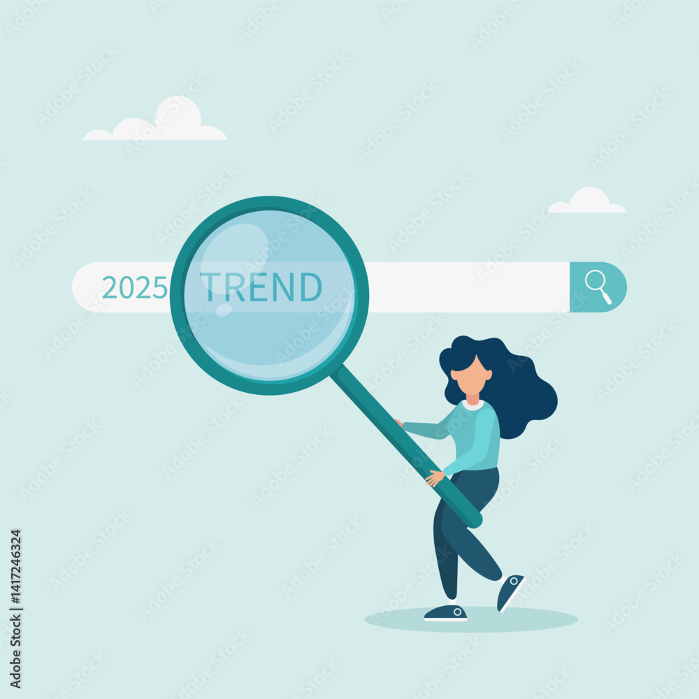 Character using magnifying glass to discover website. Researching 2025 trends, vision of new business or career opportunity. Vector illustration. Character using magnifying glass to discover website. Researching 2025 trends, vision of new business or career opportunity. Vector illustration.