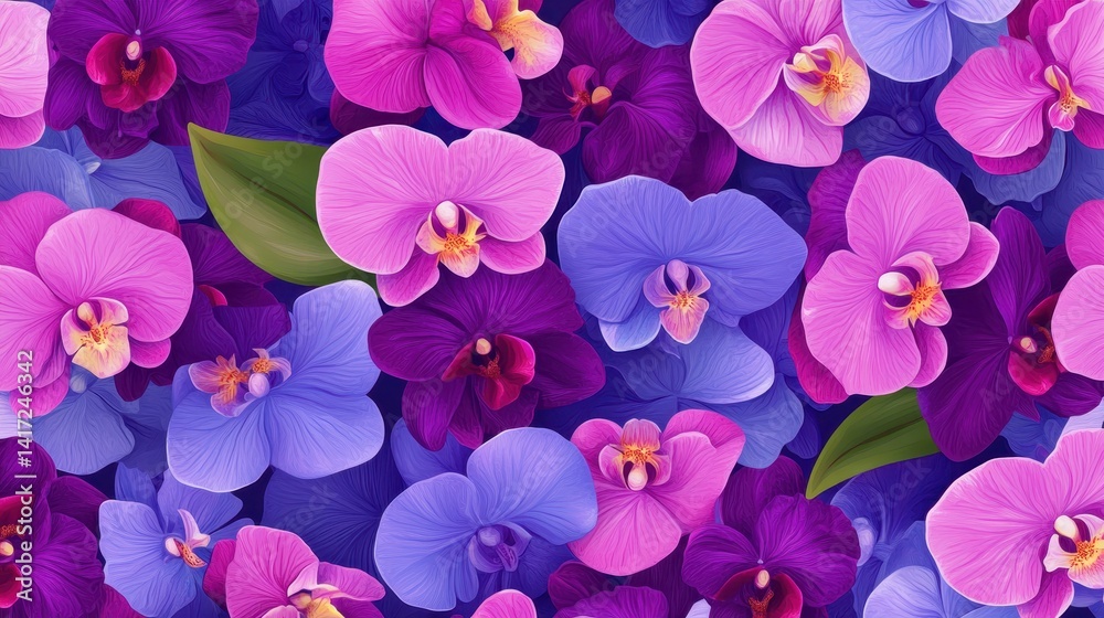 Fototapeta premium Seamless pattern of exotic purple and fuchsia orchids with flowing petals, elegant floral design, perfect repeat tile, high quality 