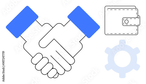 Handshake illustrating collaboration, wallet symbolizing finance, gear for process. Ideal for partnership, teamwork, financial agreement, collaboration, strategy cooperation business. Flat simple