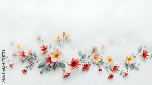 Vibrant watercolor floral design featuring pink, yellow, and red flowers, balanced with green leaves and blue accents.
