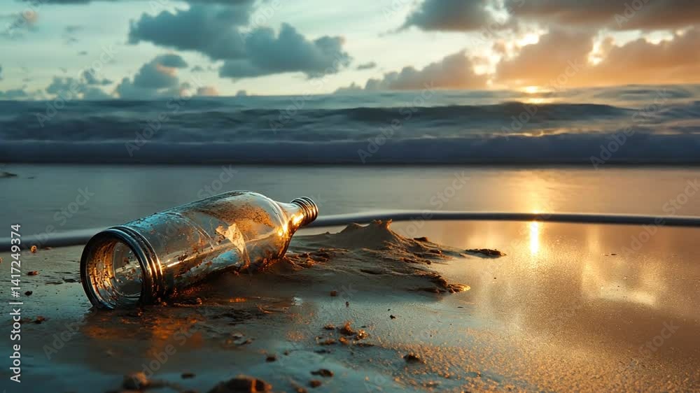Lost message: Serene sunset over ocean with glass bottle washed ashore on sand
