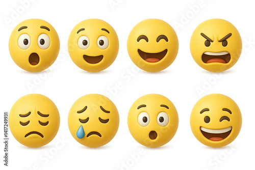3d emoji icon set: expressive faces in vibrant yellow on gold background