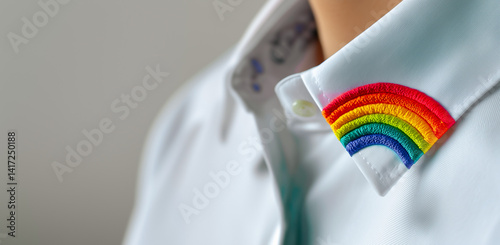 Rainbow Embroidery on a Collar of Stylish Formal Shirt. Simple, Minimal, Colorful. Office Work, Successful Business, Corporate Job. Diversity, Solidarity, Gender Identity, Human Rights, Pride Symbol
