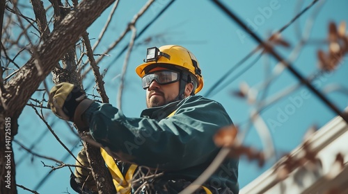 Utility worker wearing yellow hard hat and safety glasses trimming tree branches near power lines outdoors.