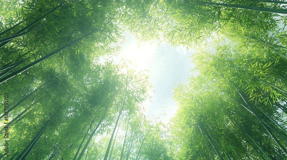Obraz premium Sunlight through dense bamboo forest canopy.