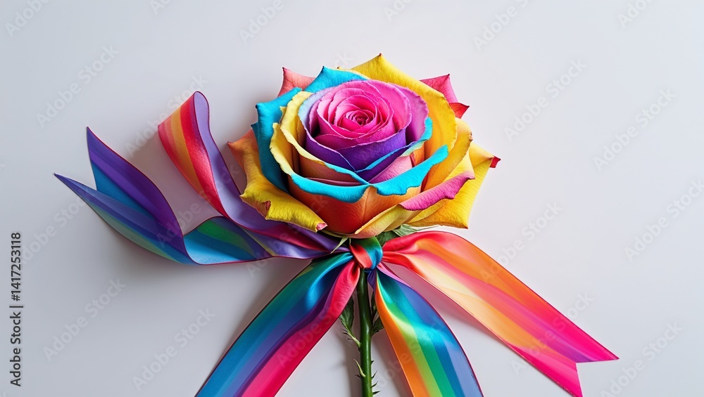 Fototapeta premium Rainbow rose with matching ribbon bow on white background