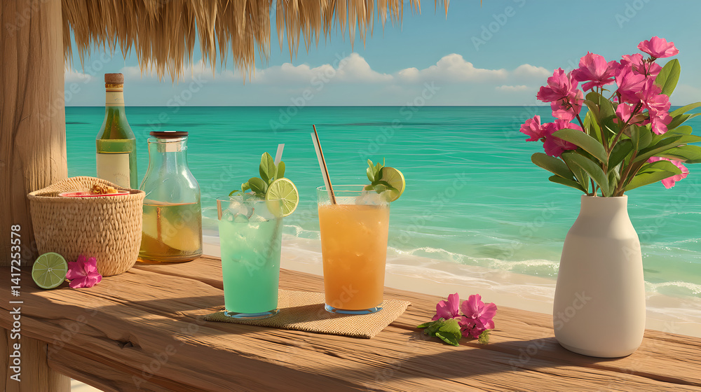 Tropical Beach Bar Scene with Two Colorful Cocktails
