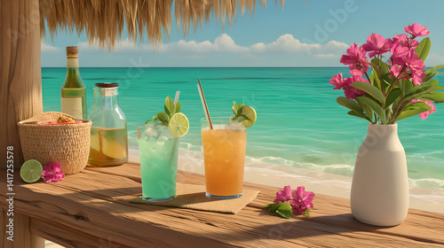 Obraz na płótnie Tropical Beach Bar Scene with Two Colorful Cocktails w salonie