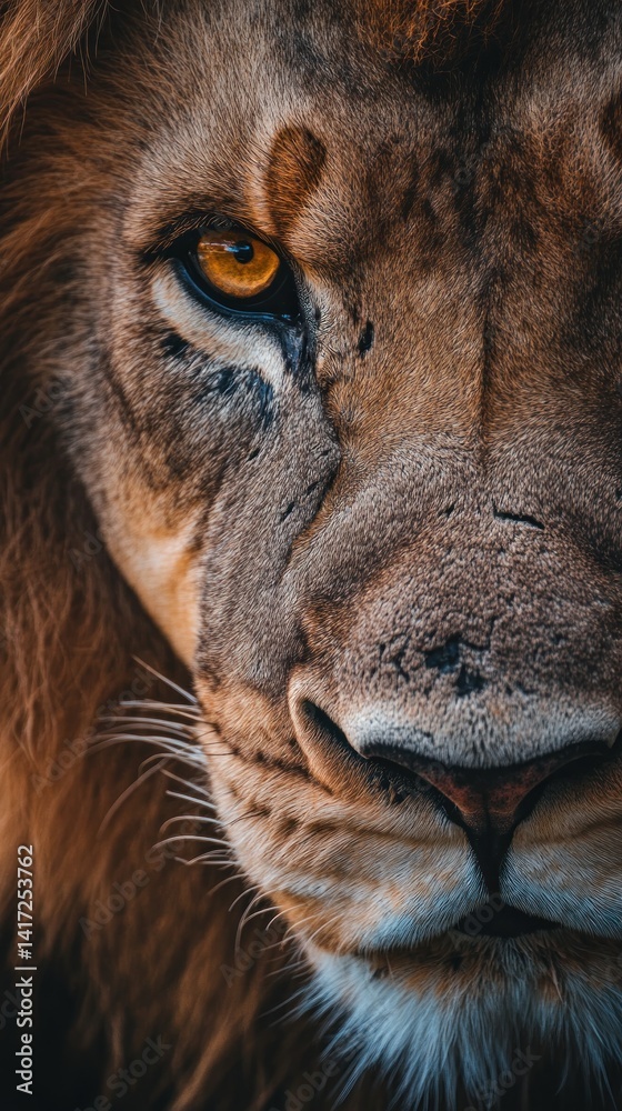 Intense Gaze of a Lion, A Close-Up Portrait of Majesty and Power Intense Gaze of a Lion, A Close-Up Portrait of Majesty and Power
