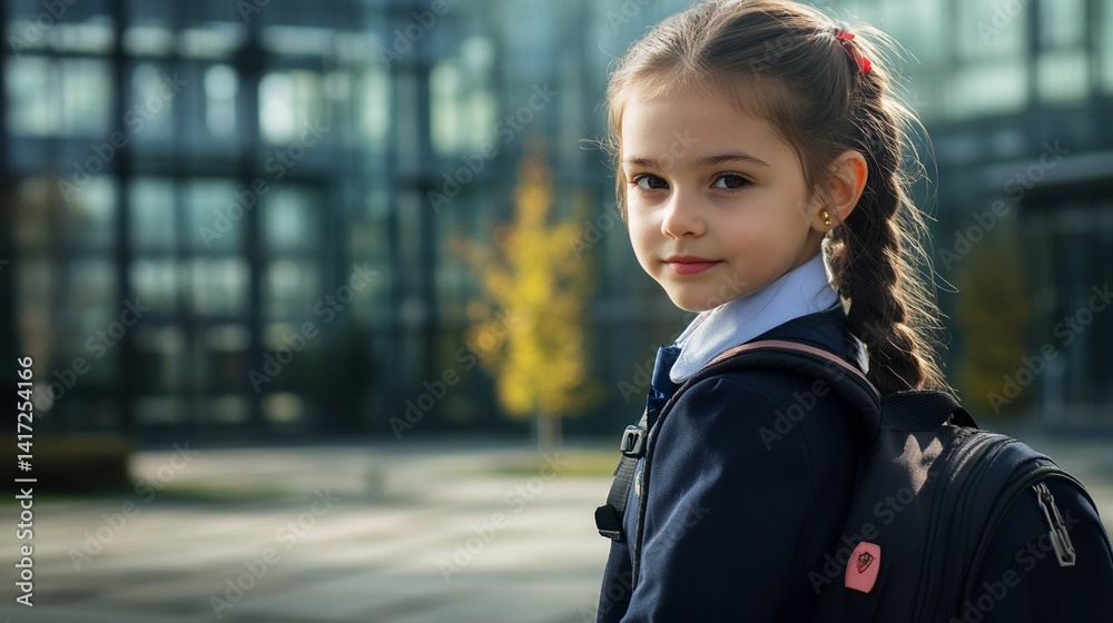 A young girl with a braided hairstyle, dressed in a school uniform, carrying a backpack, poses thoughtfully in an urban setting with green trees nearby. A young girl with a braided hairstyle, dressed in a school uniform, carrying a backpack, poses thoughtfully in an urban setting with green trees nearby.