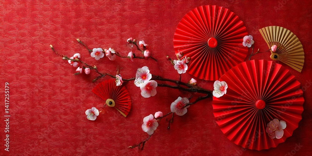 Obraz premium Radiant red paper fans and delicate white flowers create a captivating composition, a vivid spectacle of refined elegance and cultural celebration, a striking image that inspires positivity.