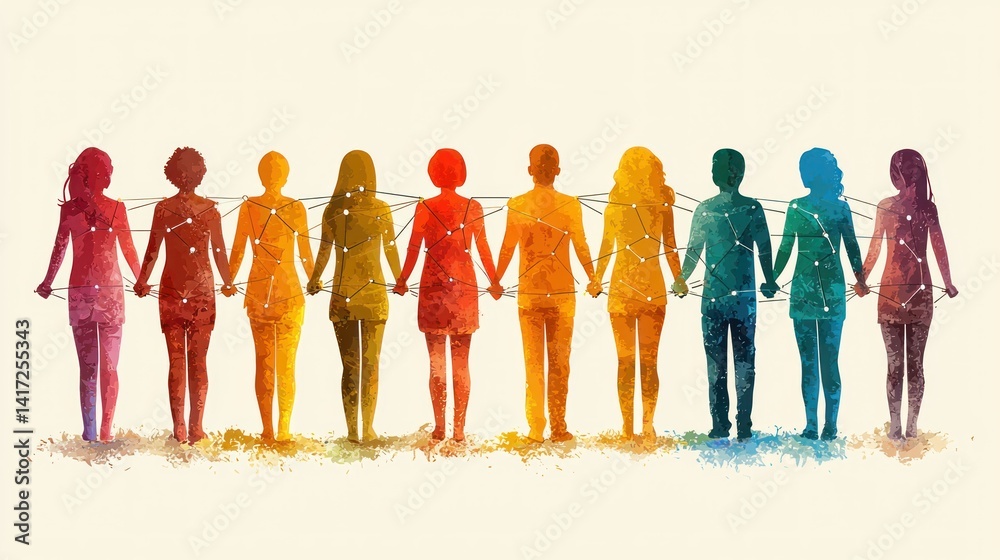 Obraz premium Unity in Diversity: A vibrant watercolor illustration showcasing ten individuals joined together, symbolizing interconnectedness and shared humanity.