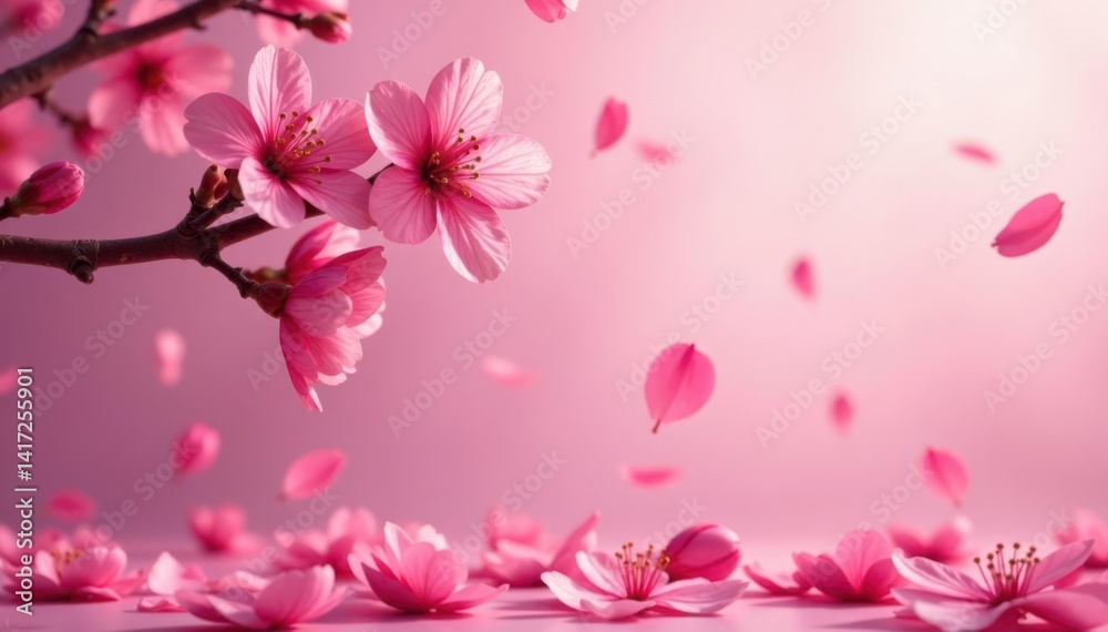 Naklejka premium Pink sakura petals falling on a spring morning, , nature