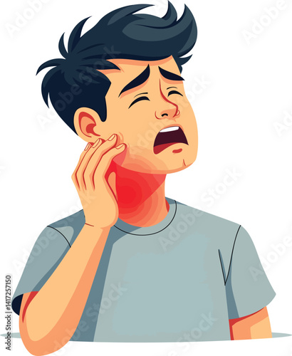 Cartoon illustration of man with toothache dental pain face expression and red cheek health problem concept