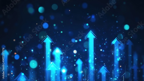 Glowing blue arrows ascend a dark background, symbolizing growth and progress