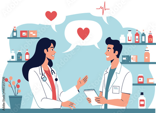 Pharmacy consultation illustration: pharmacist and patient discussing medication health advice 