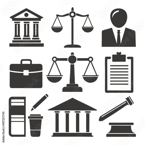 Law and Justice Icon Set: Court, Scale, and More