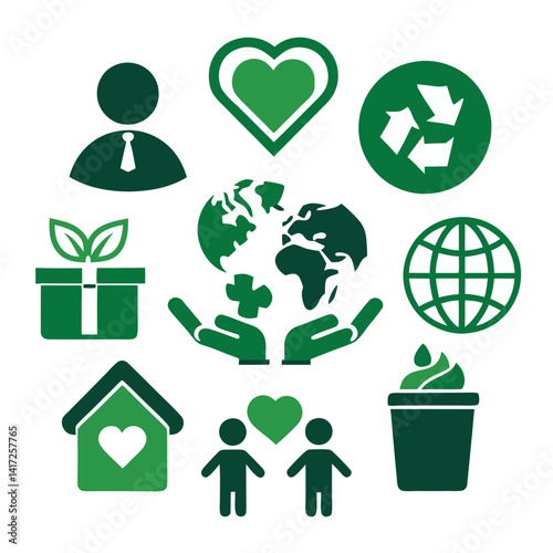 Green Sustainability Icons: Environment, Health, and Community Illustration