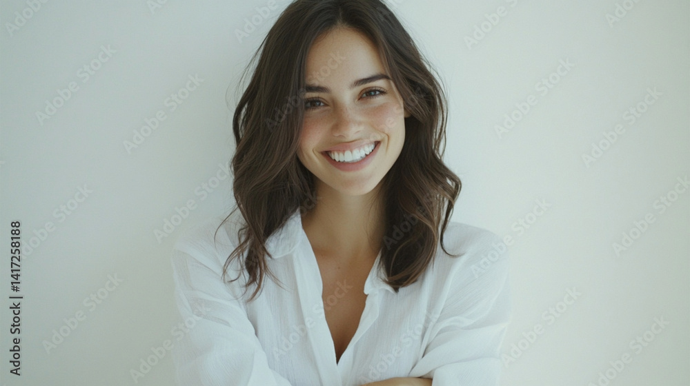 Captivating portrait of a young woman smiling joyfully against a simple backdrop during a sunny afternoon Captivating portrait of a young woman smiling joyfully against a simple backdrop during a sunny afternoon