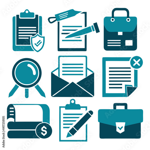Business and finance icons collection: Documents, cases, and contracts