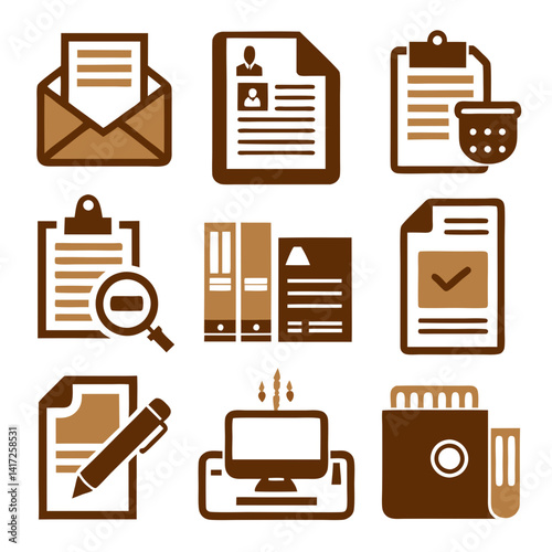 Business and office brown icons collection graphic set