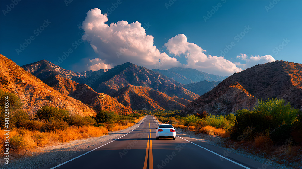 White Car on Desert Highway Scenic Route at Sunset