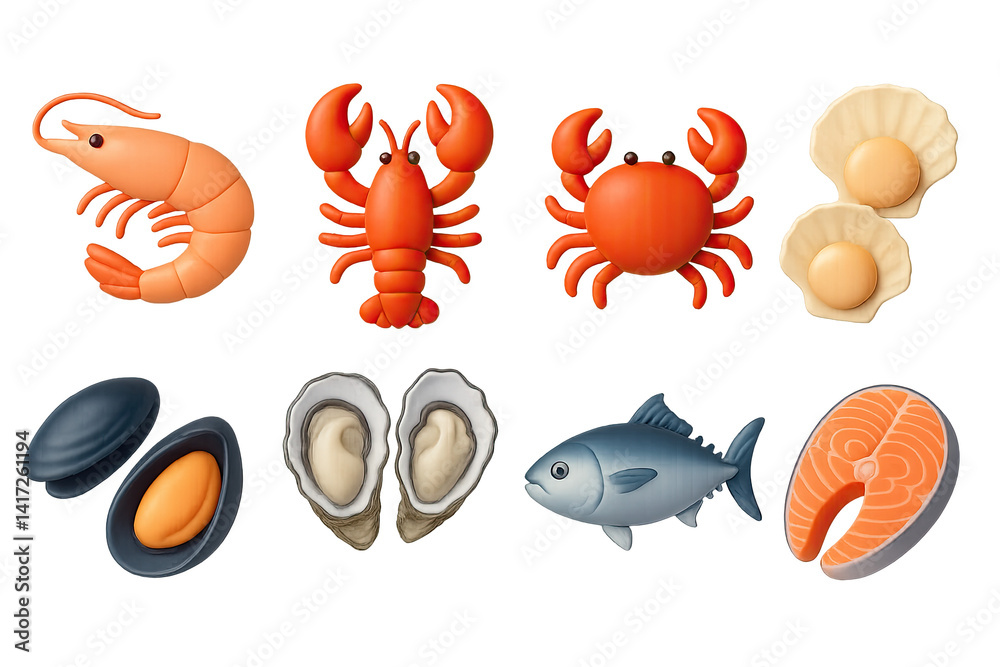 Vibrant 3d icons of seafood varieties in a diverse set Vibrant 3d icons of seafood varieties in a diverse set