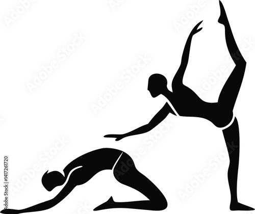 Silhouette of a man practicing yoga in a dynamic pose, vector illustration of fitness and exercise