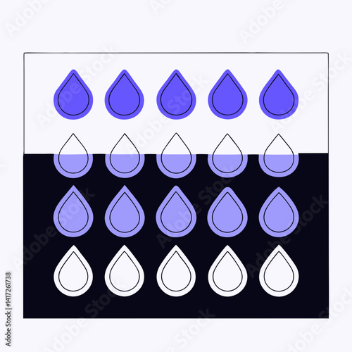 Stylized liquid drops in various shades of blue and purple create visually appealing pattern on sleek background. Isolate on white background, copy space, commercial use