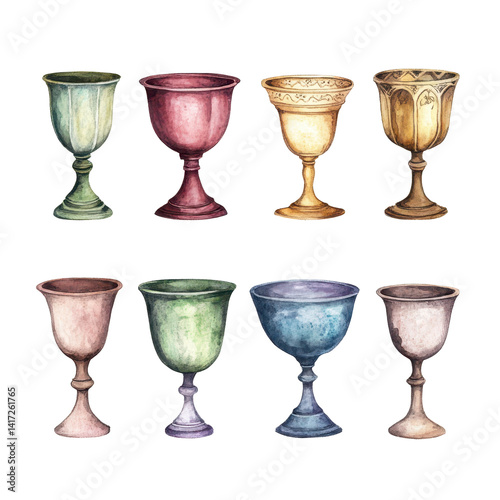 Collection of artistic chalices painted in soft watercolor tones beautifully isolated on a white background