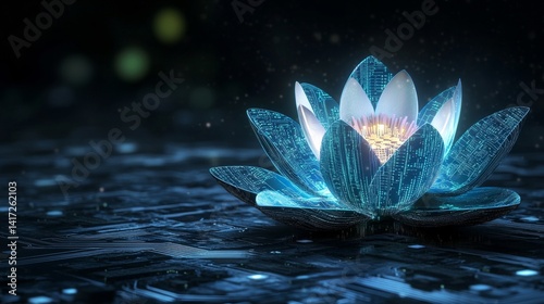 Glowing tech lotus flower on dark background: digital bloom with circuit board texture for modern technology and nature concepts 