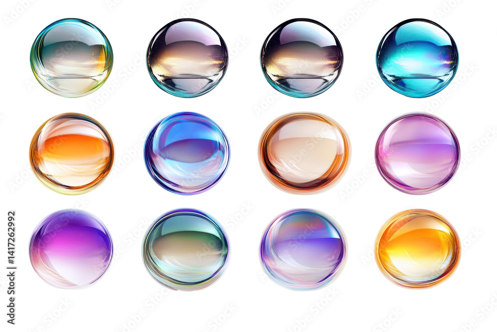Light and airy soap bubbles floating freely in space beautifully isolated on a bright white background