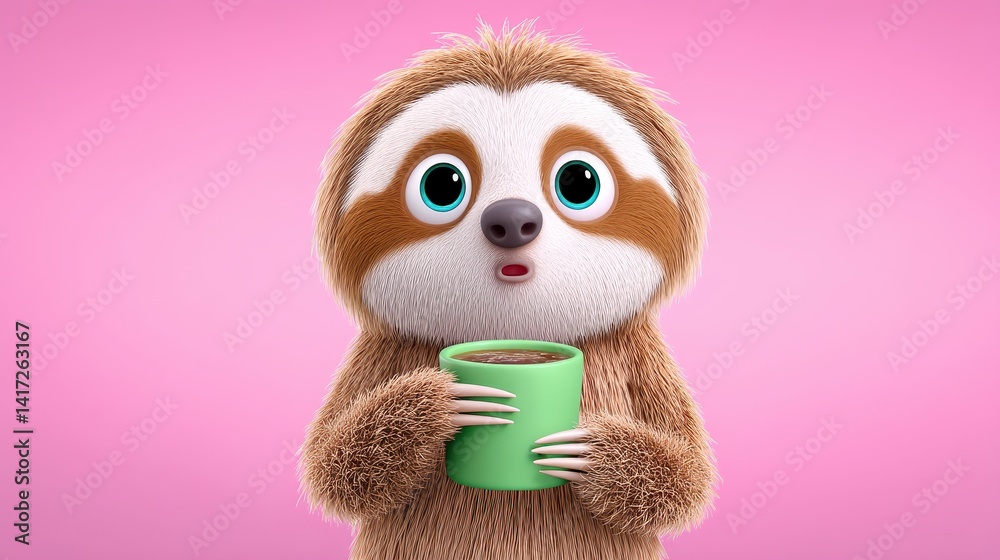 Adorable Fluffy Sloth Holding Green Mug Pink Background Adorable Fluffy Sloth Holding Green Mug Pink Background