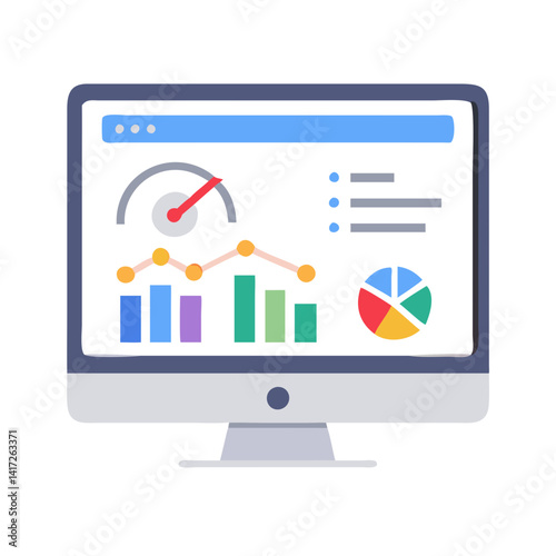 Data Analytics Dashboard on Computer Screen Displaying Charts