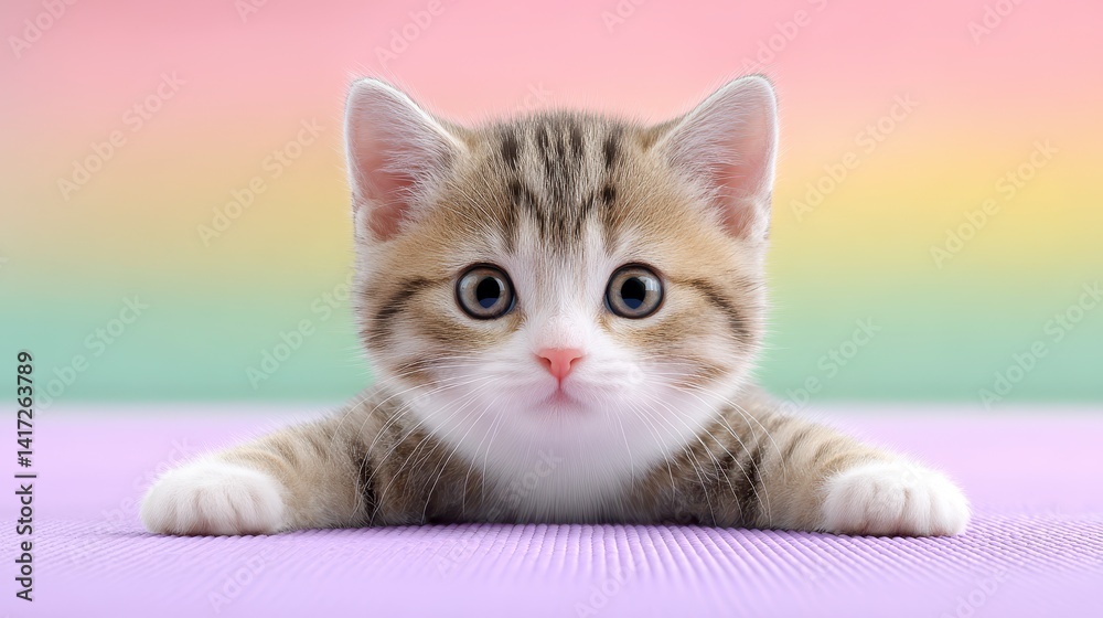 Fototapeta premium Adorable Tabby Kitten on Pastel Rainbow Background