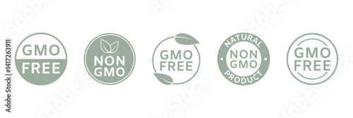 Non GMO badges in minimal style for product packaging, health food labels, and eco-friendly branding. Natural organic symbol design. Gmo free icon. Vector illustration
