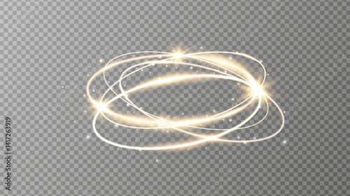 Magic light swirl effect with glowing sparkles and energy rings on transparent background. Ideal for fantasy, motion. Holiday design element. Vector illustration