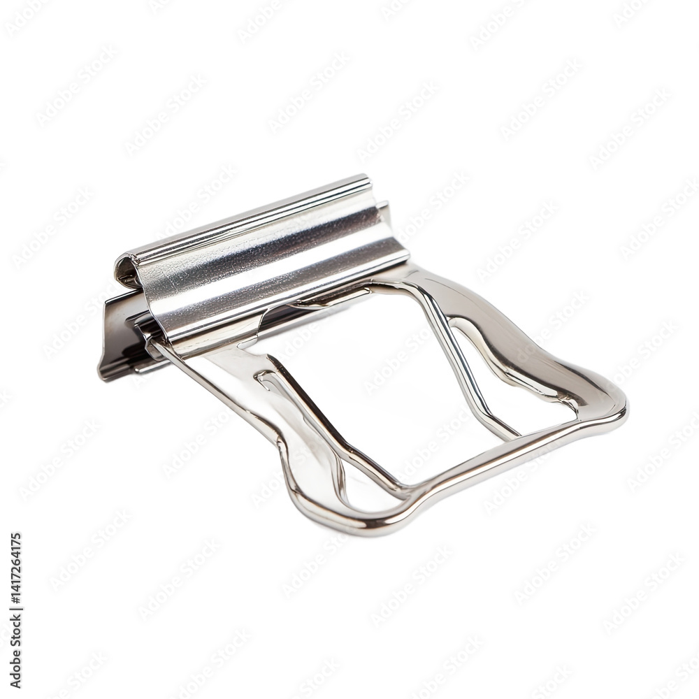 A metallic paper clip with a rectangular, hinged frame, likely for holding documents. A metallic paper clip with a rectangular, hinged frame, likely for holding documents.