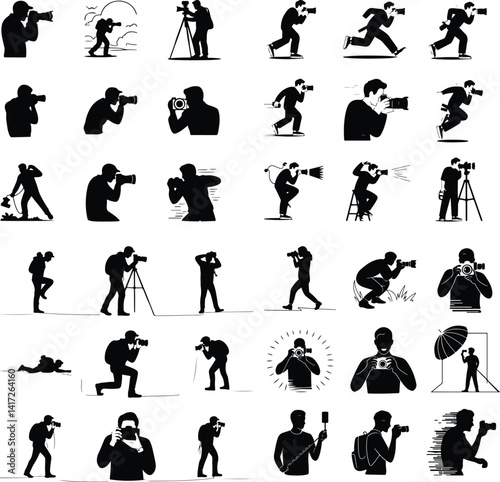 Professional Photographer Silhouette Set | Camera & Tripod Vector Silhouettes of Photographers in Action | Photography Vector Bundle

