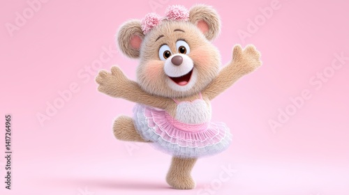 Joyful Fluffy Teddy Bear Ballerina in Pink Tutu on Pale Pink Background