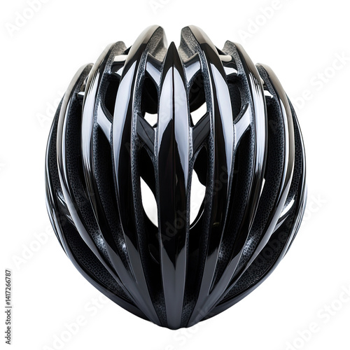 A close-up view of a modern, shiny black bicycle helmet with a ventilated design. photo