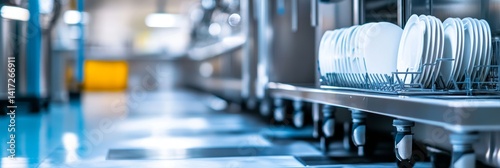 Industrial dishwasher stainless steel appliances bright and clean kitchen commercial restaurant equipment shiny plates modern design hygiene and sanitation