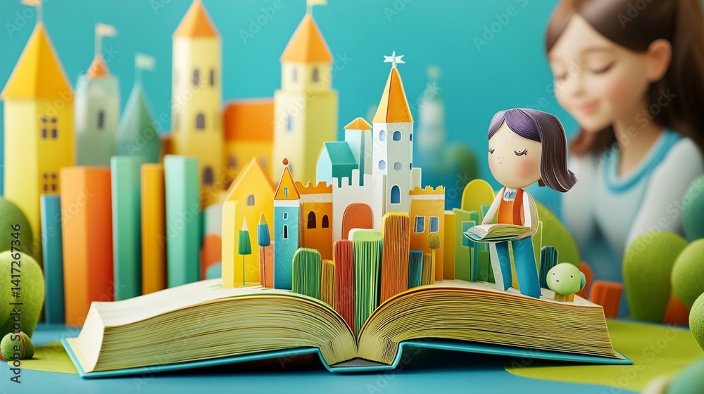 Whimsical scene featuring a colorful pop-up book with a castle and a girl reading, showcasing creativity and imagination in a vibrant world of storytelling.