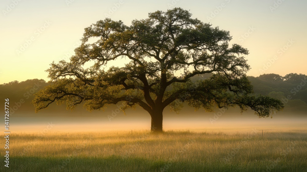 A large oak tree stands in a grassy field filled with a light layer of fog. Ideal for nature, landscape or calm, peaceful background images. A large oak tree stands in a grassy field filled with a light layer of fog. Ideal for nature, landscape or calm, peaceful background images.