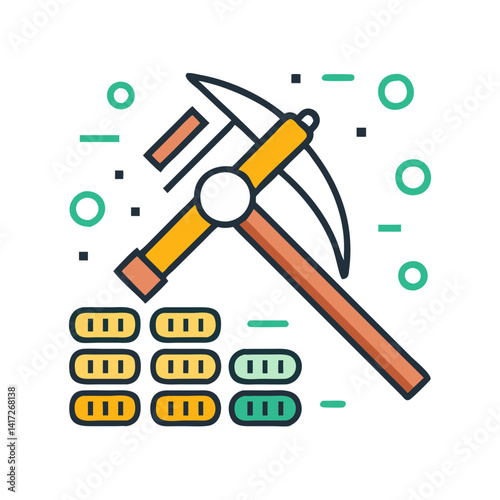 Digital Mining: Pickaxe, Coins, and Cryptocurrency Illustration