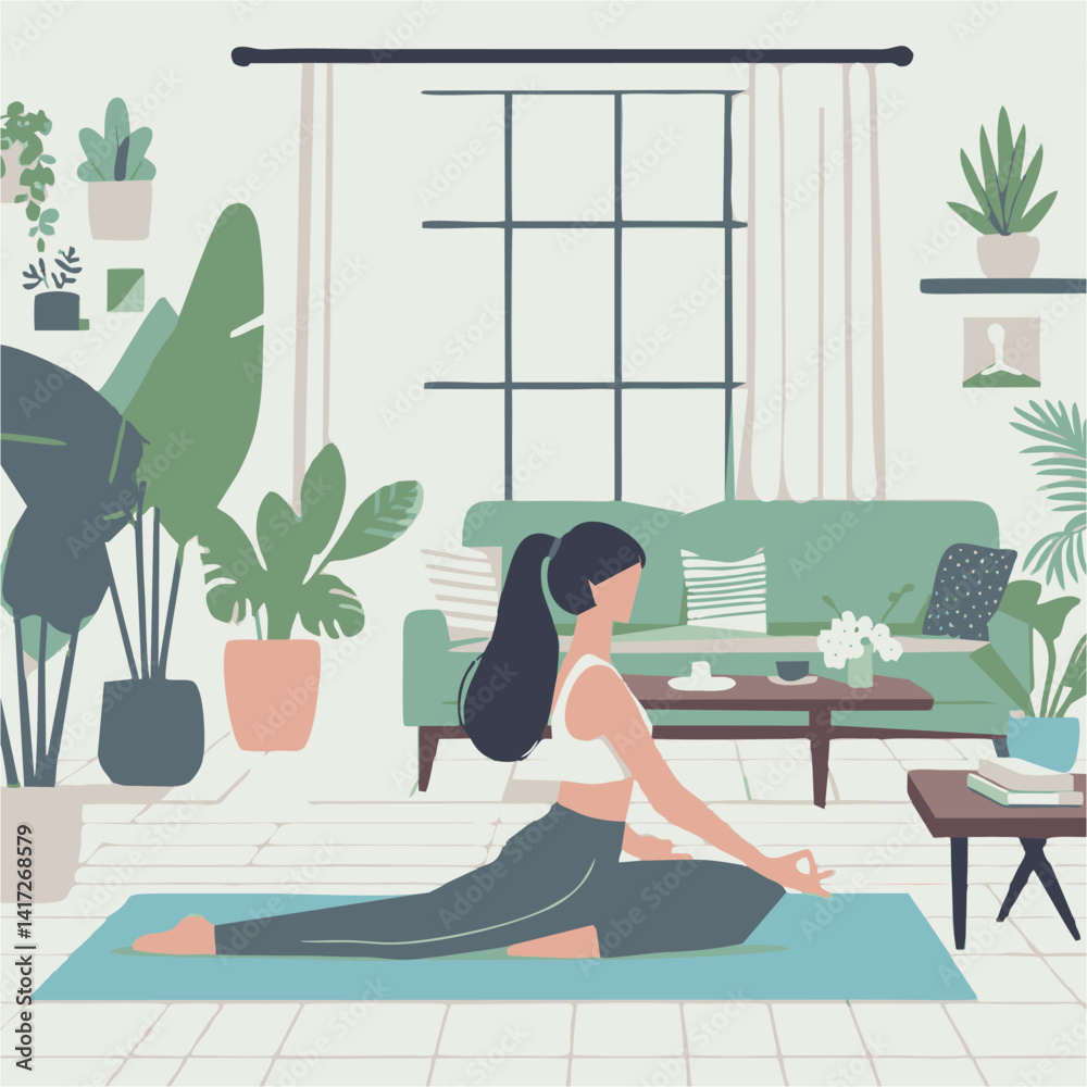 Obraz premium Flat vector of a woman doing yoga on a mat at home with indoor plants. Clean, minimal design with solid colors. Ideal for fitness, wellness, or healthy lifestyle content.