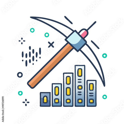 Cartoon Pickaxe Mining Cryptocurrency with Growing Graph